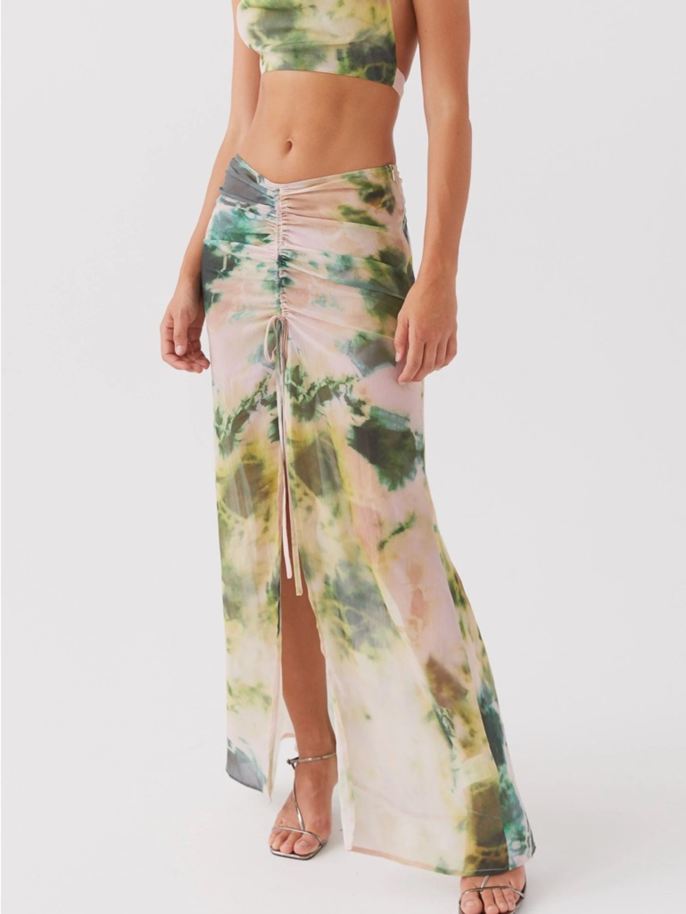 Peppermayo Green & Blush Tie-Dye Ruched Sheer Skirt